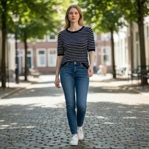 Women's Banana‎ Republic Navy Striped Knit Top Cotton Blend Tee Size S